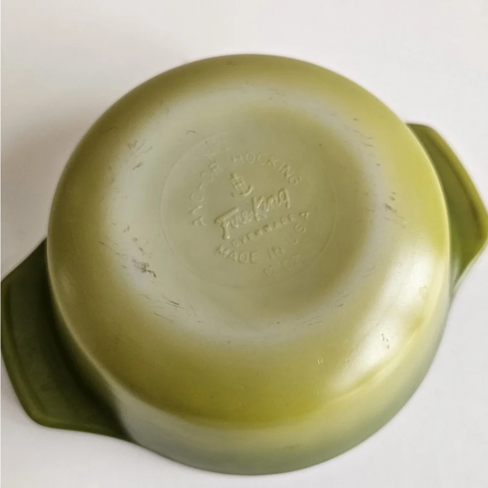Vintage Anchor Hocking Fire-King 12 oz Olive Green Teflon Ovenware Dish w/ Glass